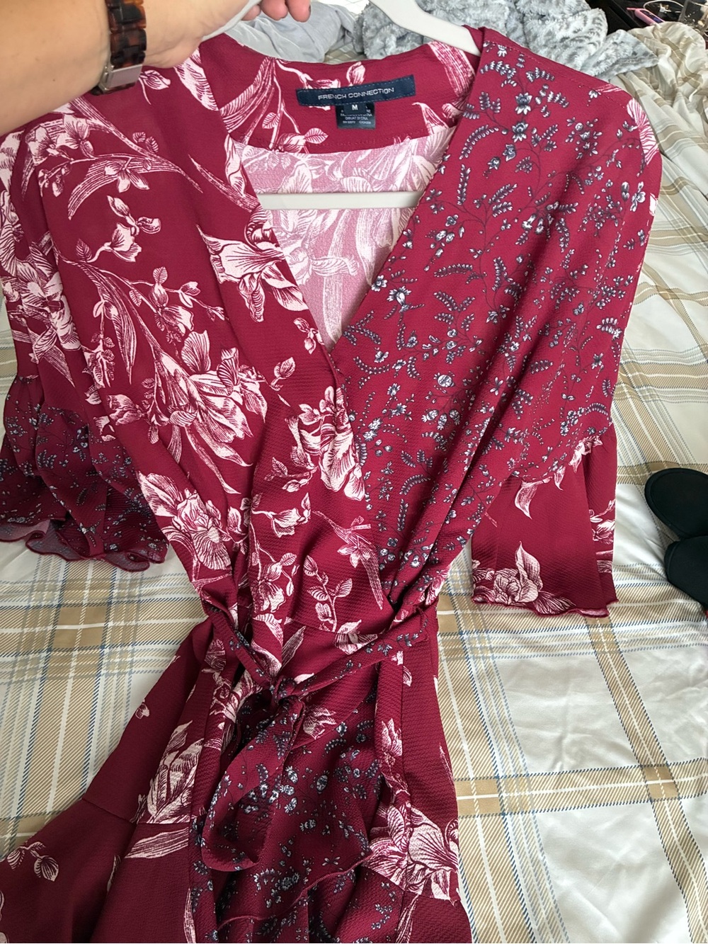 French Connection Berry Floral Wrap Dress with Pink Accents